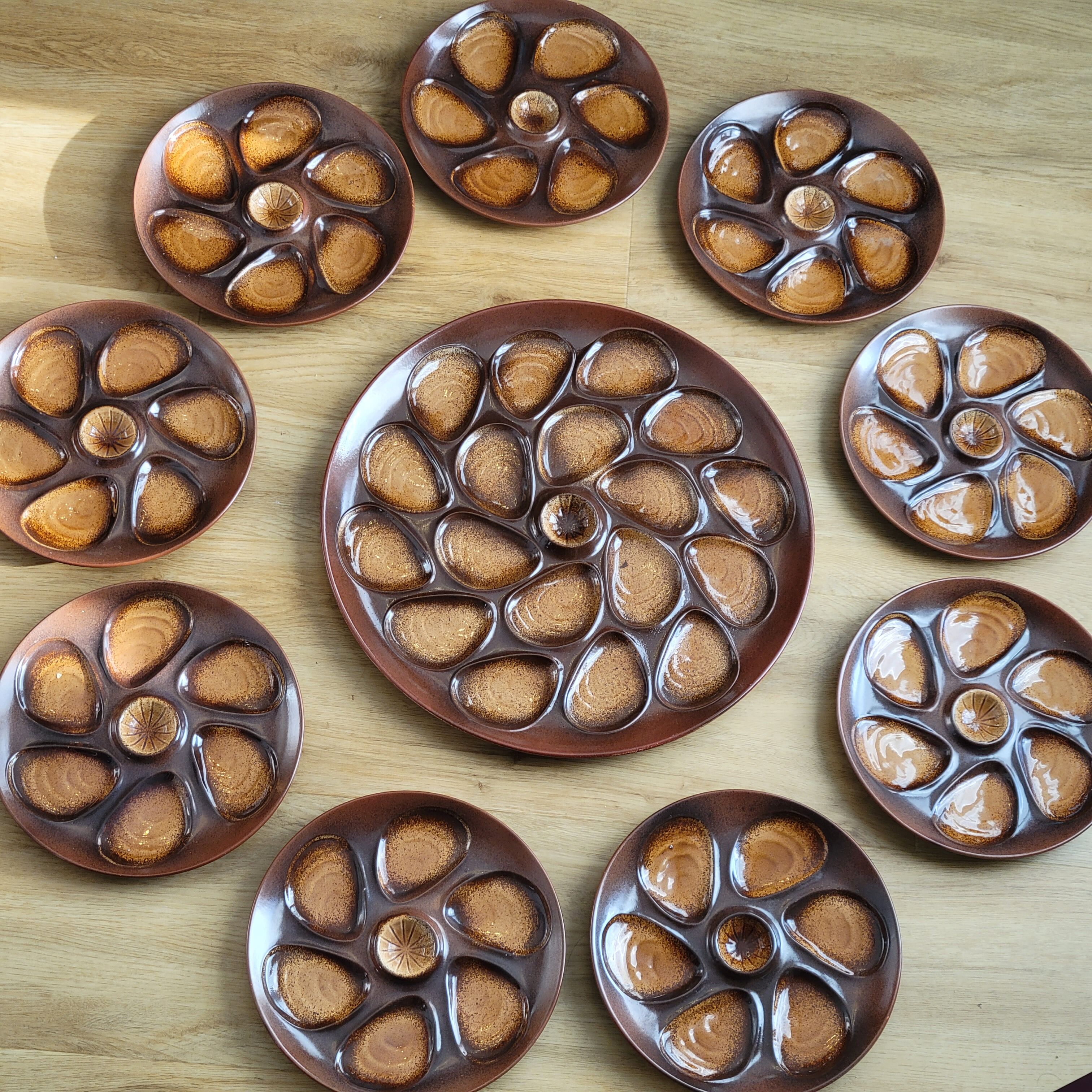 Vintage oyster service Salins earthenware France 9 plates and dish