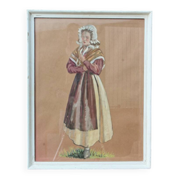 Gouache, paysanne encadrée