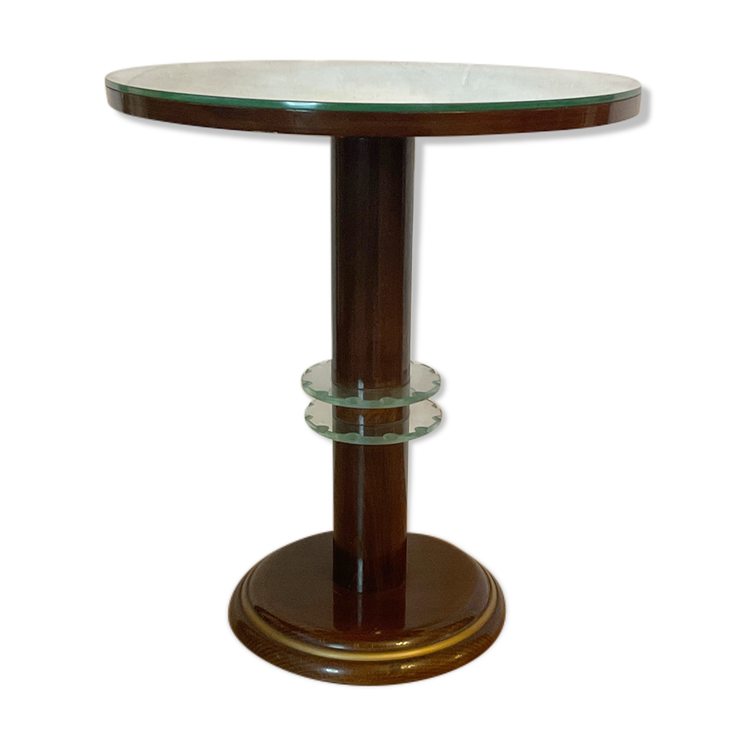 Vintage pedestal table design mirror glass and brass
