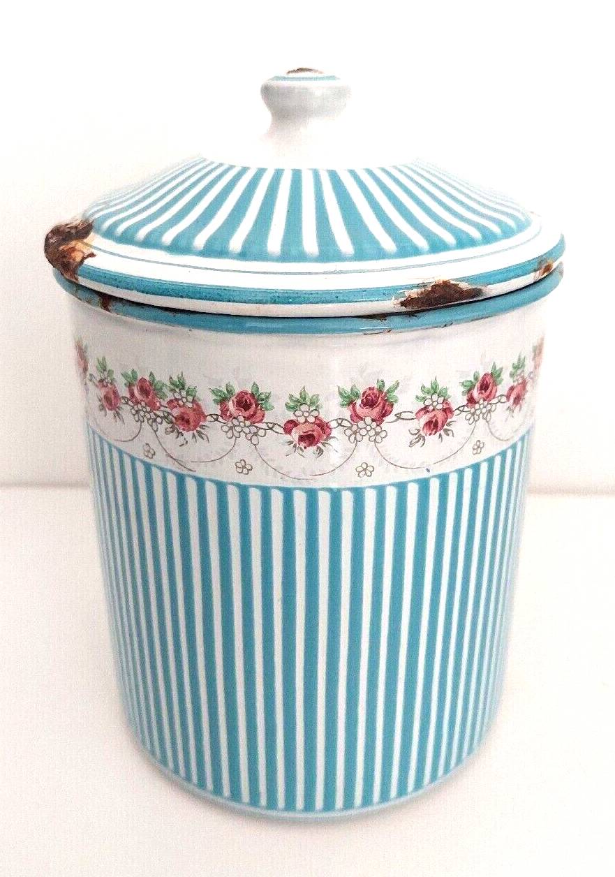 Old Spice Pot SUCRE in blue and white enamelled sheet metal with stripes + a garland of roses