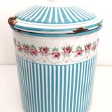 Old Spice Pot SUCRE in blue and white enamelled sheet metal with stripes + a garland of roses