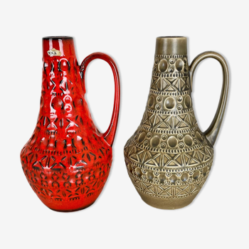 Set of 2 multi-color fat lava op art pottery vase made bay ceramics, germany