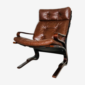 Chaise vintage norvégienne en cuir marron du milieu du siècle par elsa & nordahl