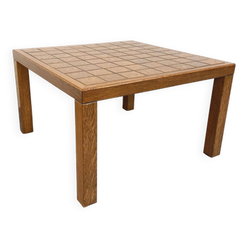 Vintage square coffee table in oak wood and ceramic from the 60s and 70s