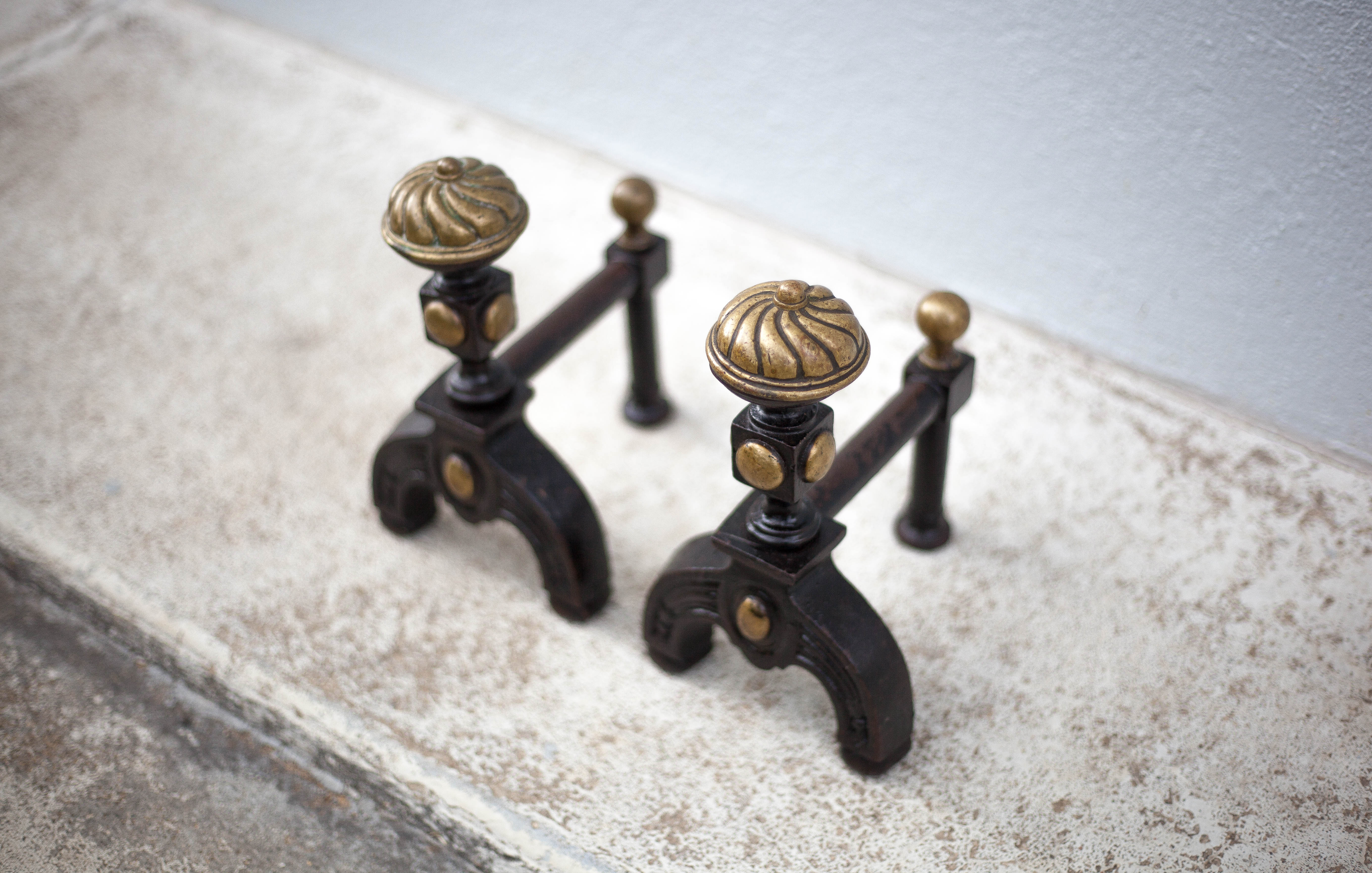 Vintage fireplace pegs, empire style cast iron and brass pegs, fireplace accessories
