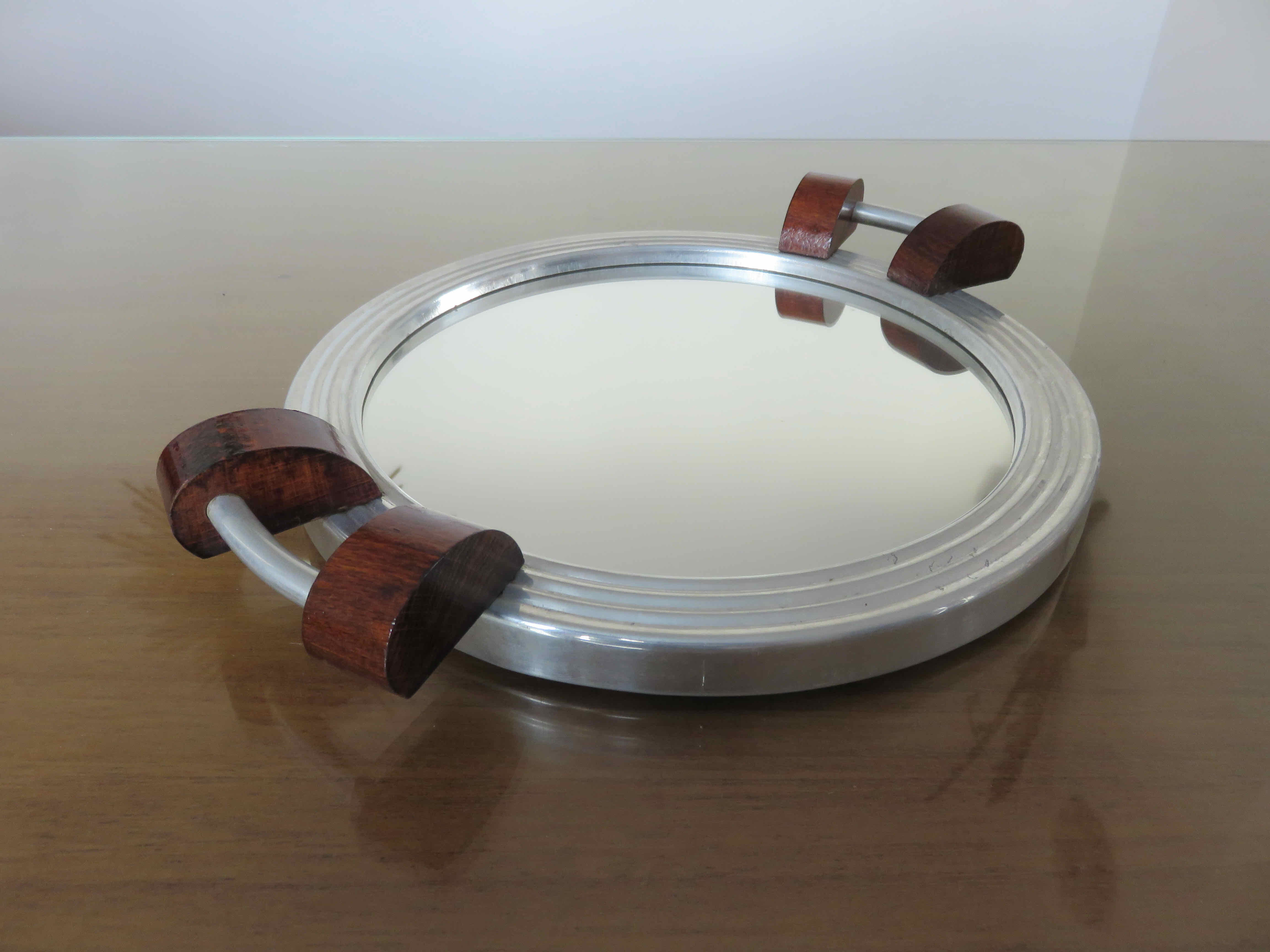 Plateau miroir en palissandre et aluminium Art Deco années 40 50