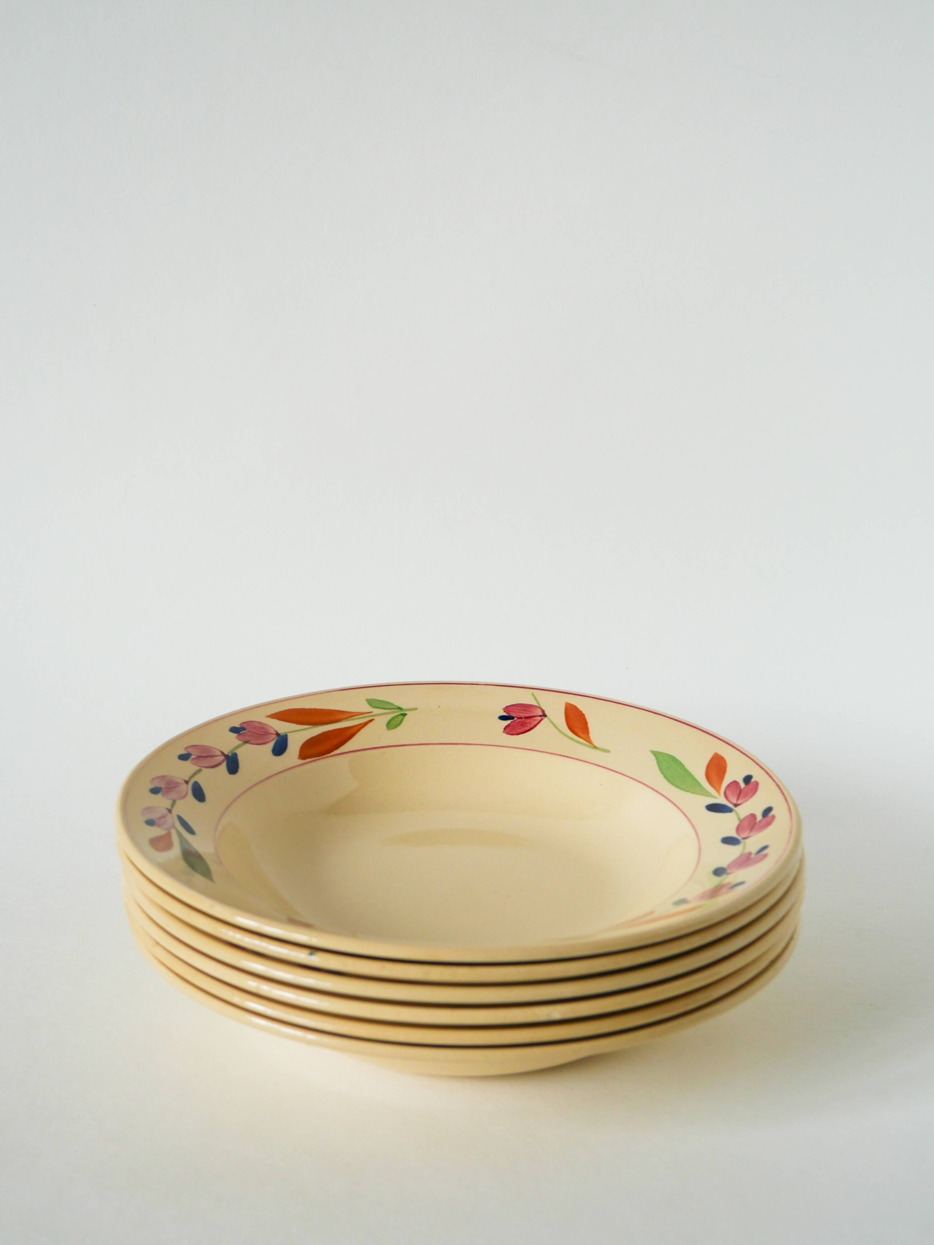 Set of 6 Gien flower soup plates, “Jeannine” model, 1940