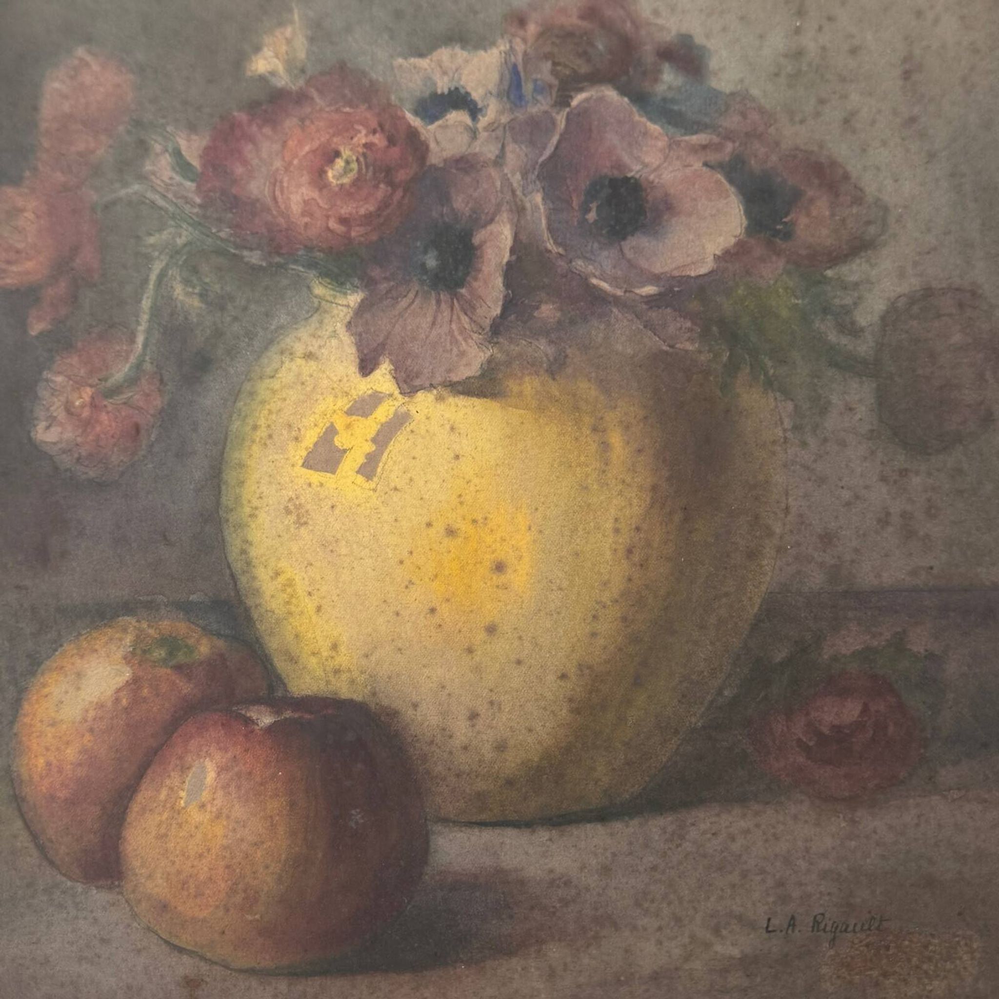 Watercolor still life bouquet of flowers 19th century by LA Rigault