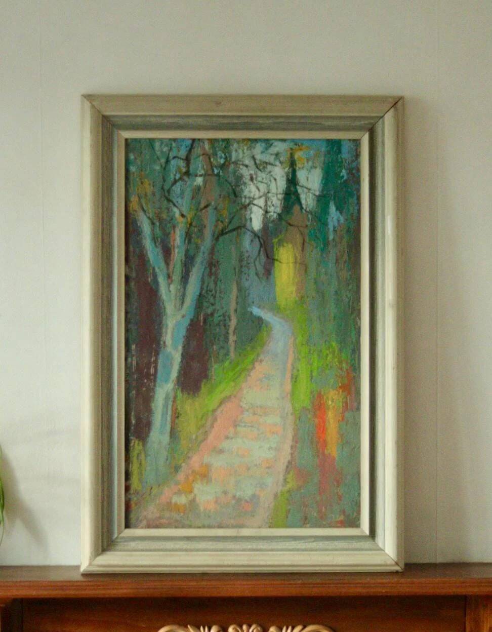 Huile sur panneau originale du milieu du siècle – « Country Lane »