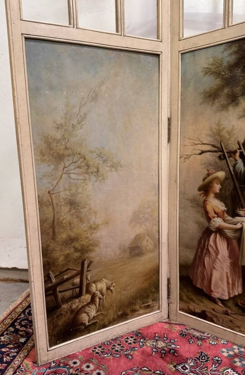 Three-panel screen in Louis XVI style with Romantic decorations and landscapes.