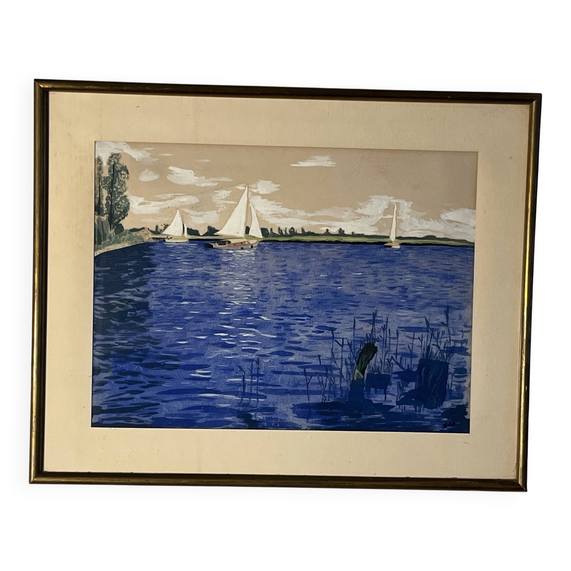 "Boats on the lake" gouache signed