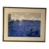 "Boats on the lake" gouache signed