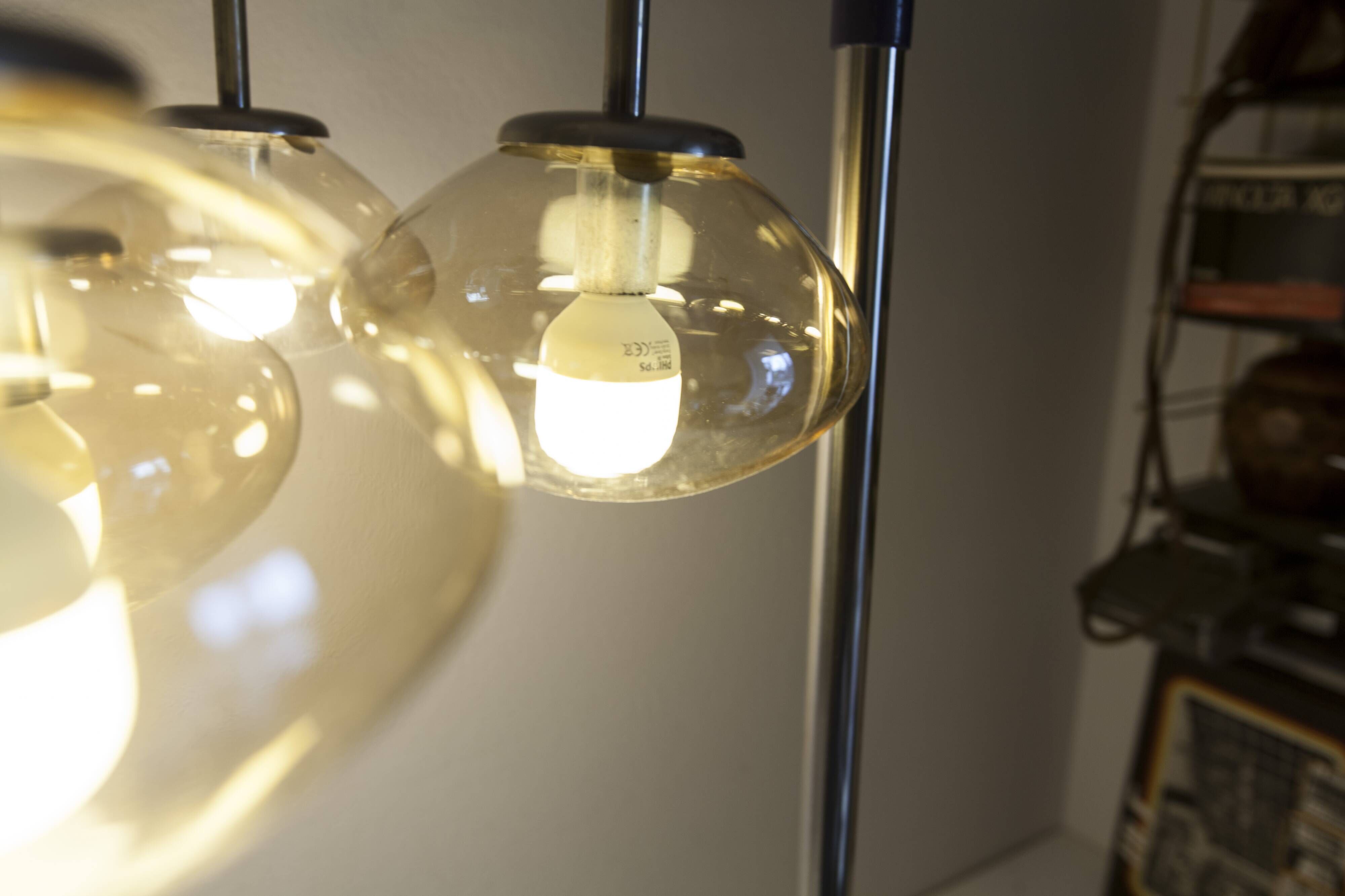 Light smoked glass water drop chandelier with 6 drops from the 1960s.