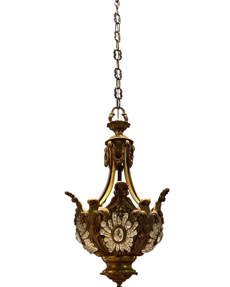 Vintage Bronze & Crystal Beaded Chandelier, 1950s