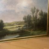 Grand tableau de paysage paisible du 19e signé Lenglet