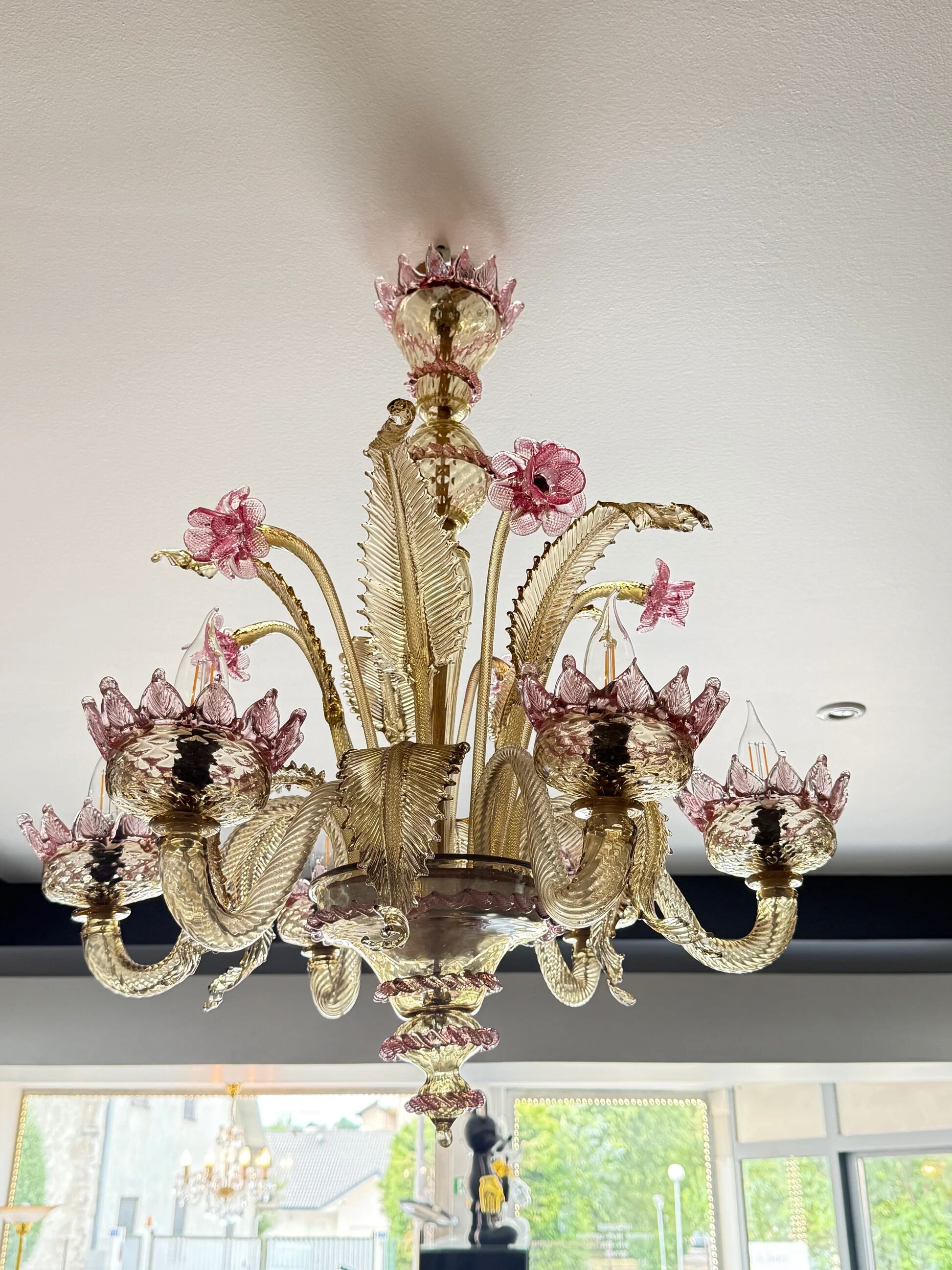 Venetian glass chandelier with pink and gold floral decoration – 6 lights