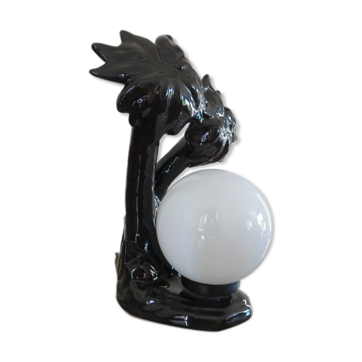 Black ceramic "palm" lamp and white opaline ball 70/80
