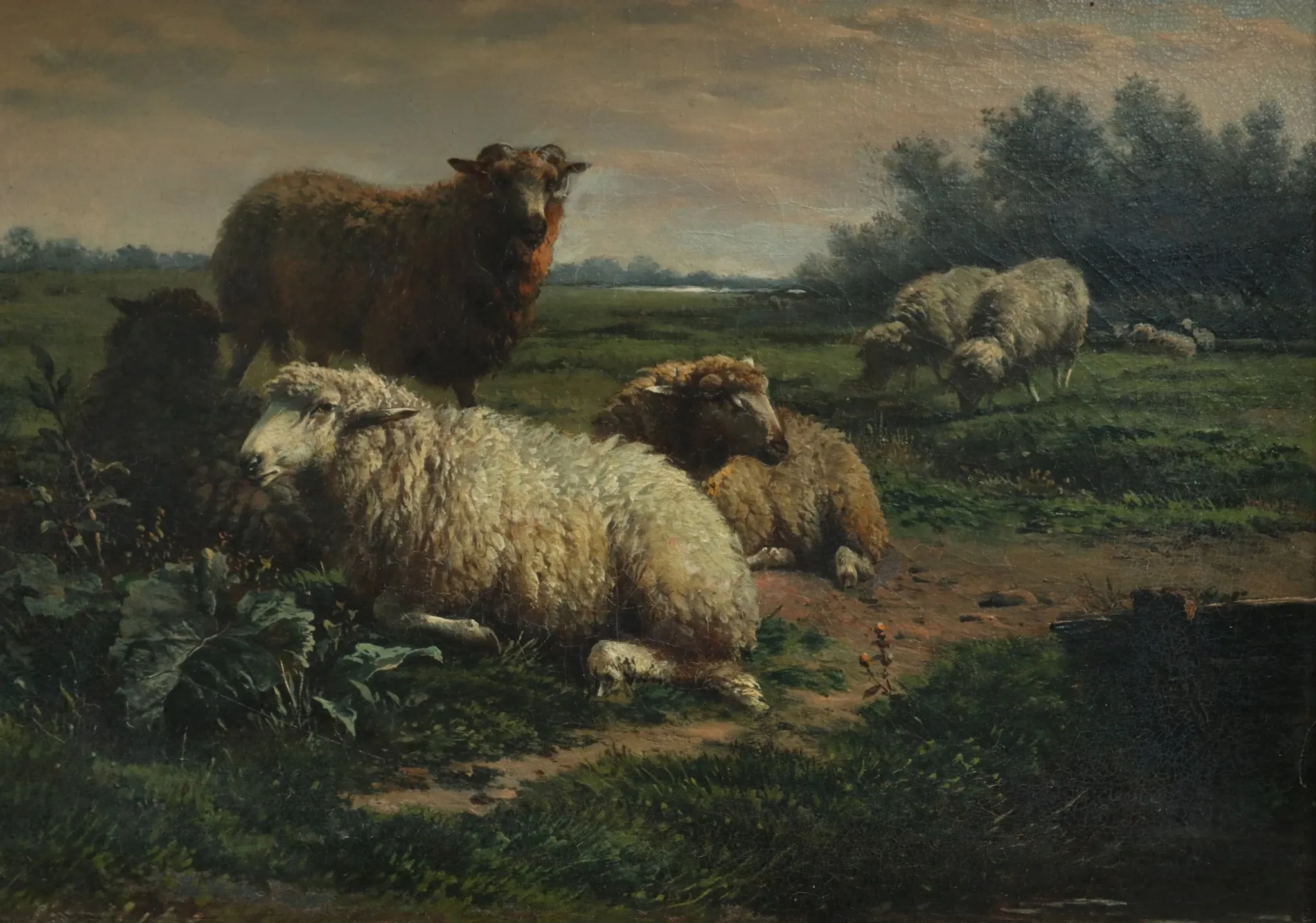 Frans Lebret – Evening landscape with resting sheep – circa 1875