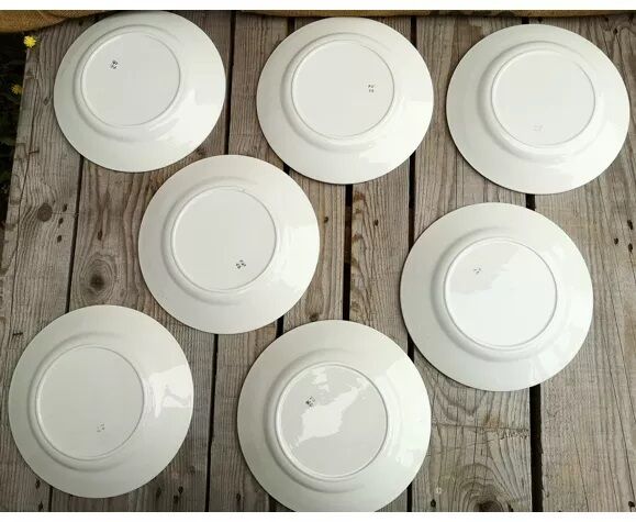 Set of 7 flat ceramic plates Badonviller Red floral decoration