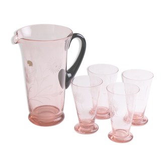 Art Deco Pink Glass Water Set c.1930 etched with a floral daisy design