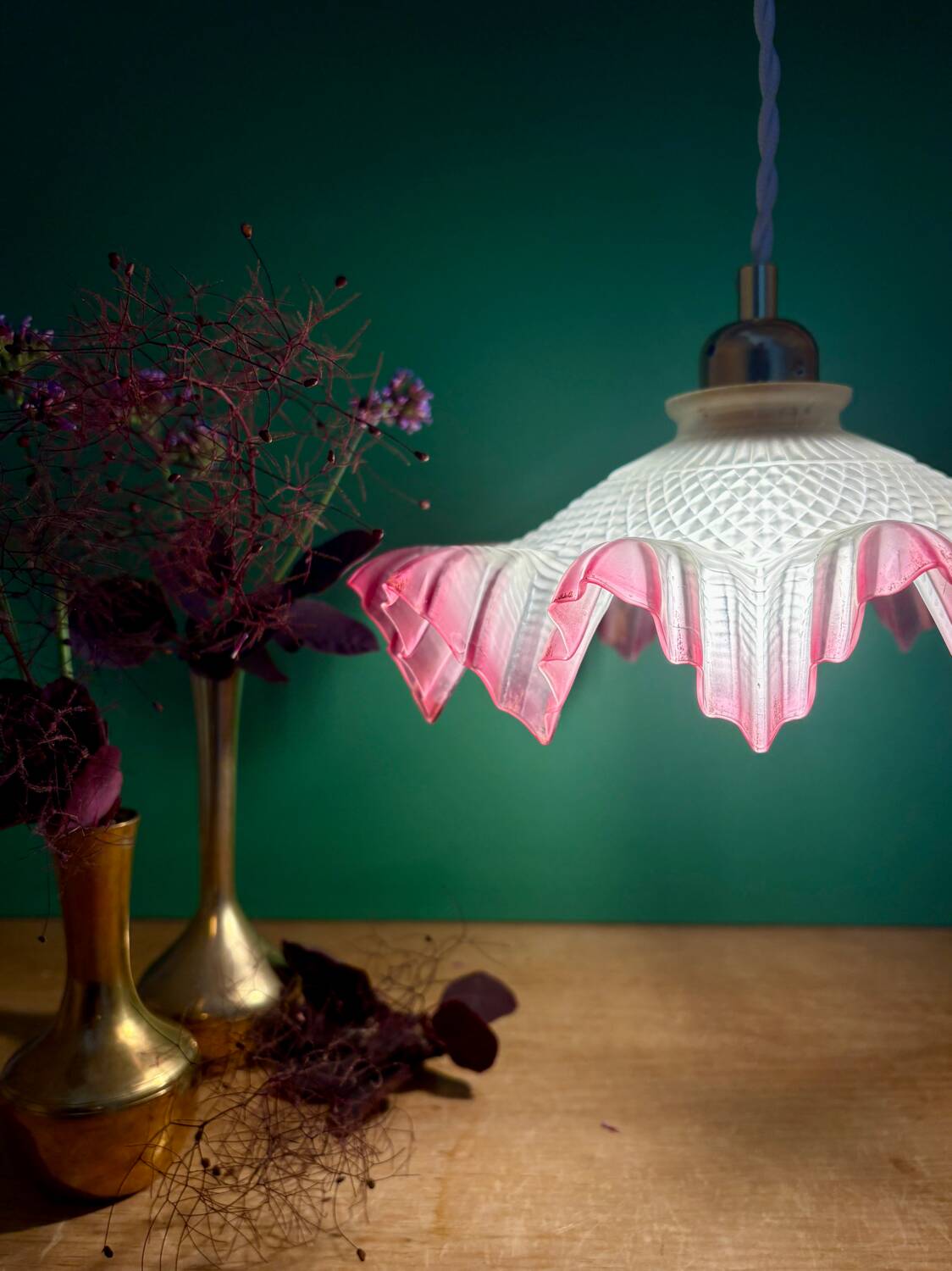 Vintage frosted glass pendant lampshade, half pink, half transparent