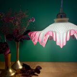 Vintage frosted glass pendant lampshade, half pink, half transparent