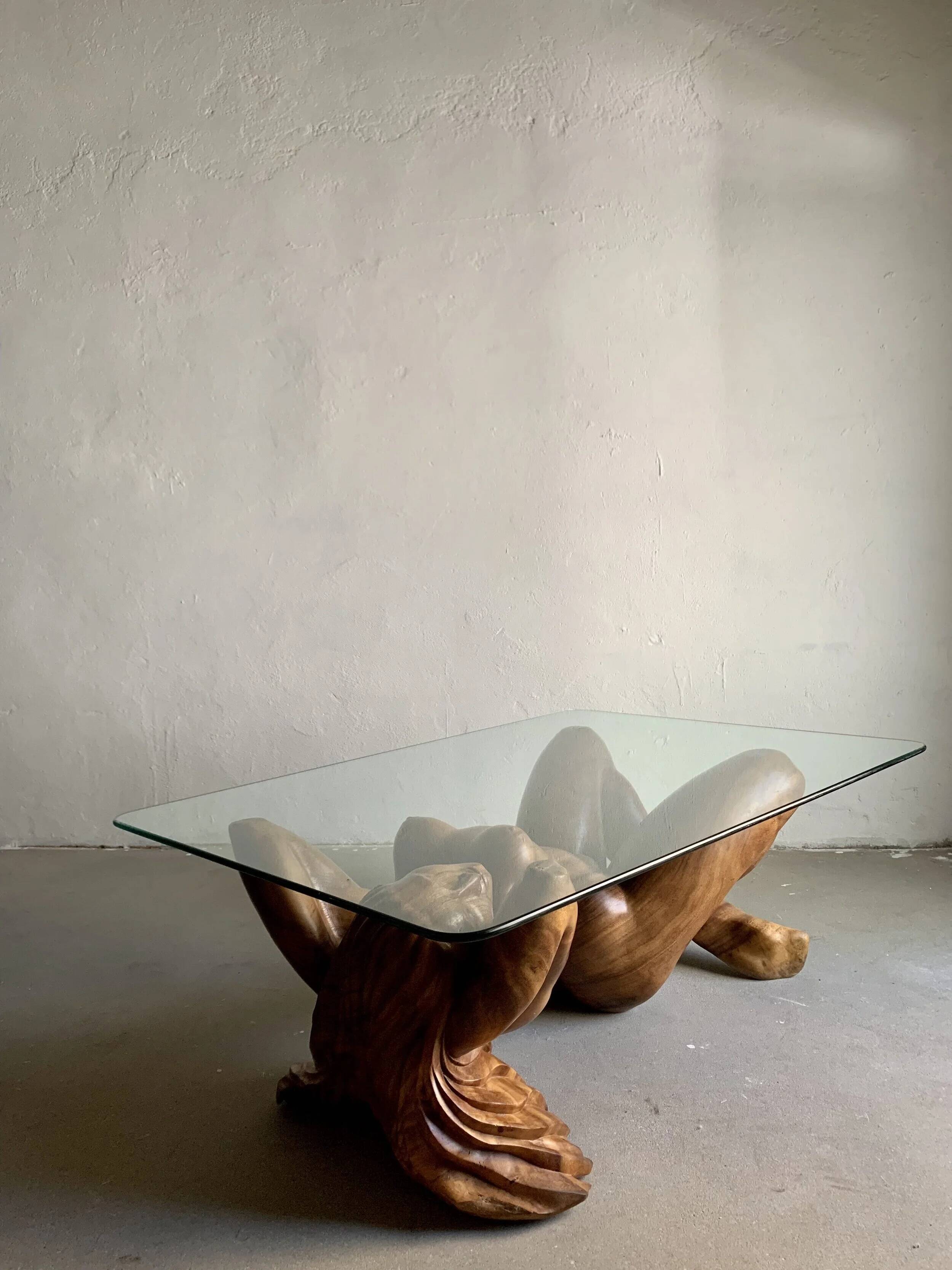 Vintage hand-carved wooden female nude sculpture coffee table