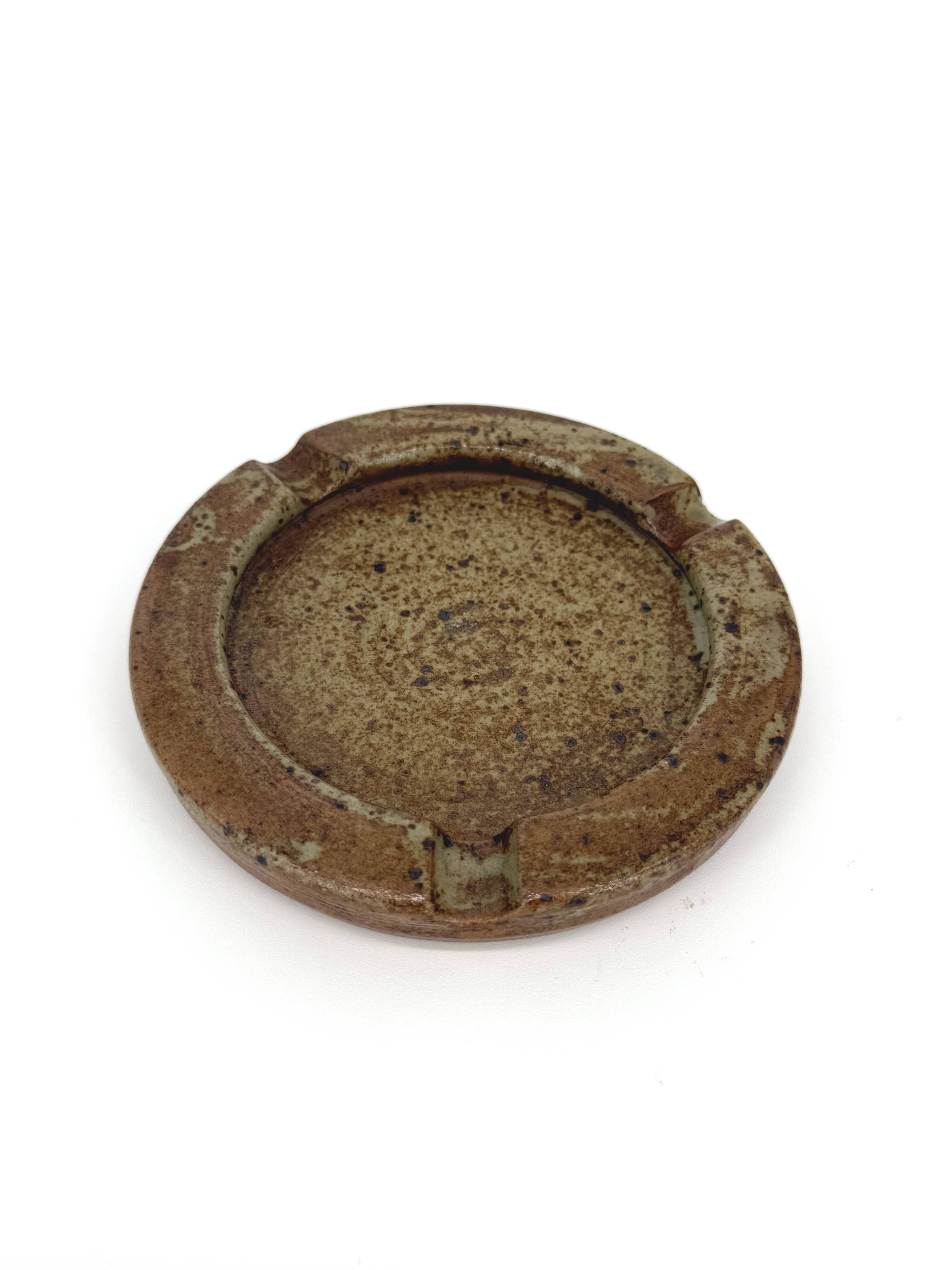 Vintage speckled brown glazed stoneware ashtray