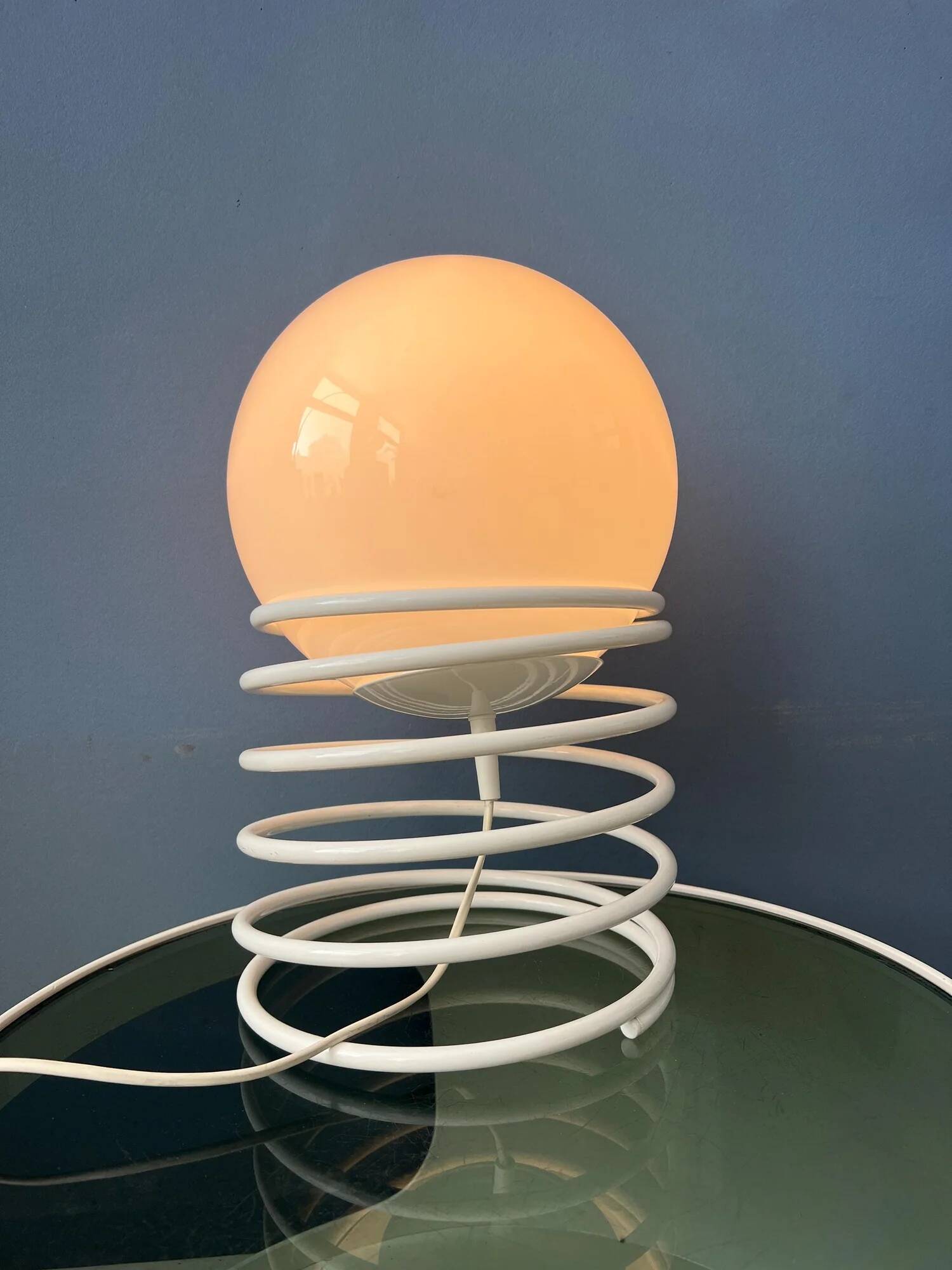 Large mid-century opaline milk glass spiral table lamp