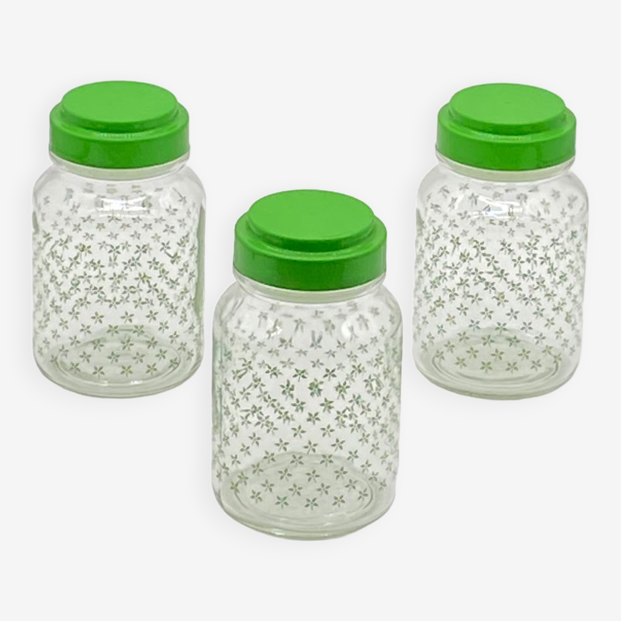 Série de 3 bocaux, verre / vert style Henkel, conservation