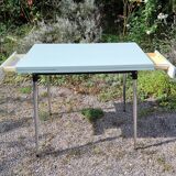 Water green formica table with 2 drawers and extensions