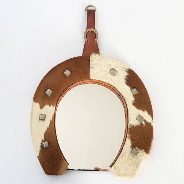 Miroir fer à cheval en peau de vache 1970 vintage