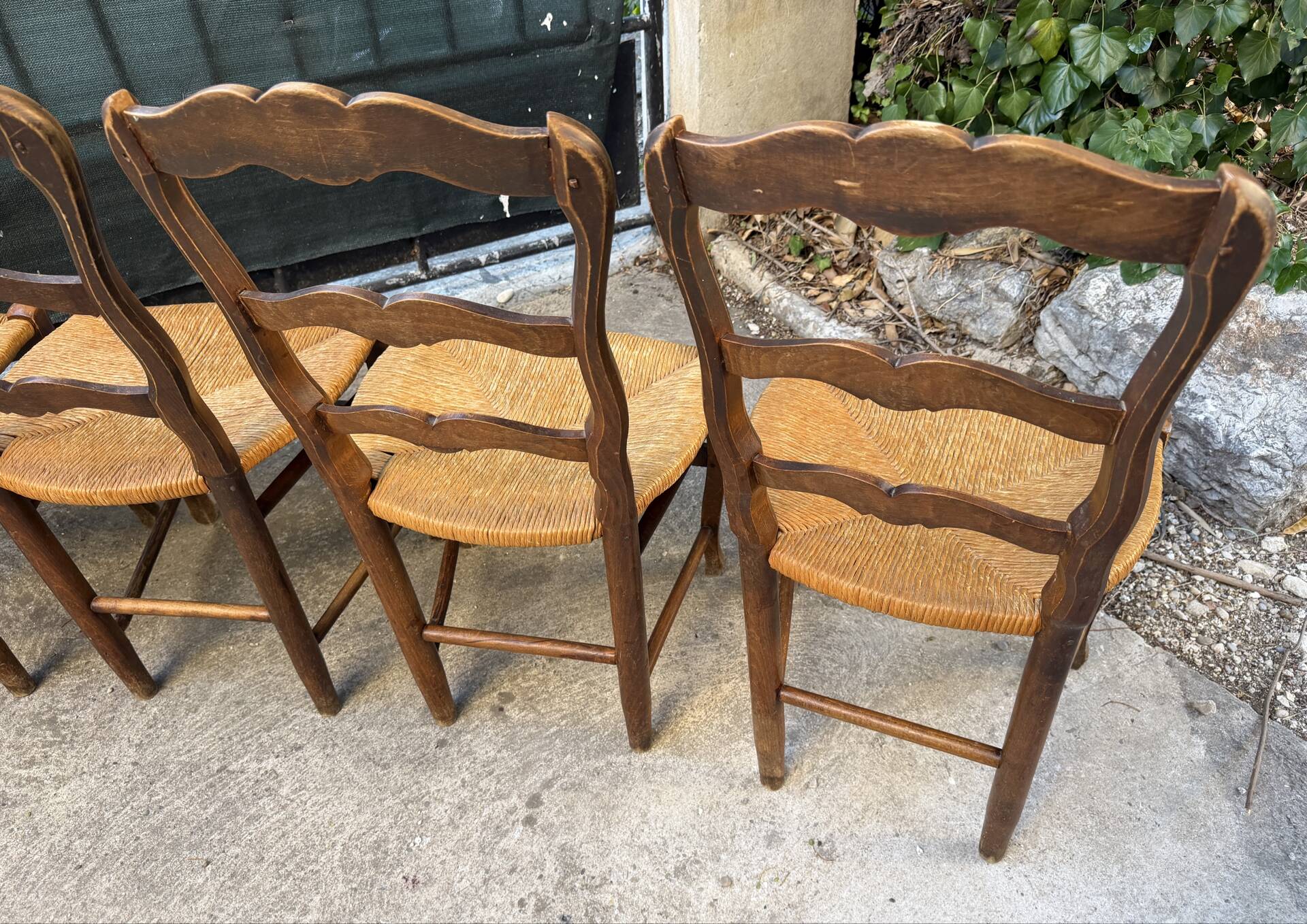 Set of 4 Provençal oak chairs with rush seats.