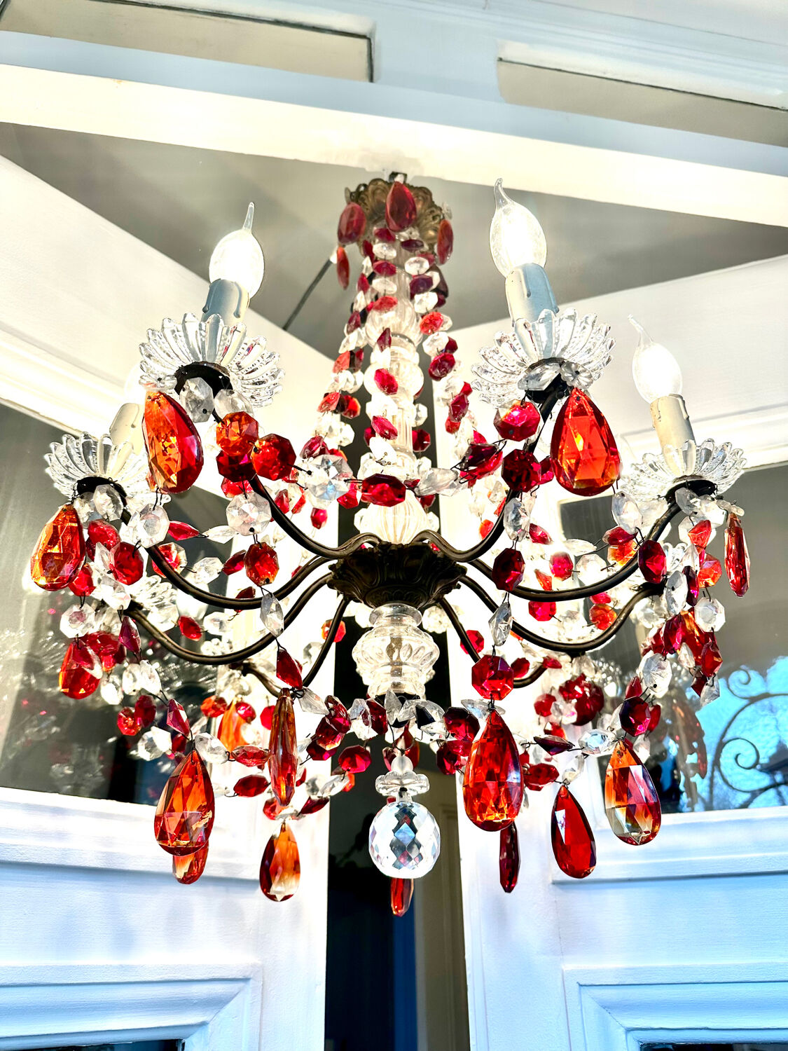 Antique chandelier with red crystal pendants, 9 lights.