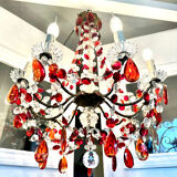 Antique chandelier with red crystal pendants, 9 lights.