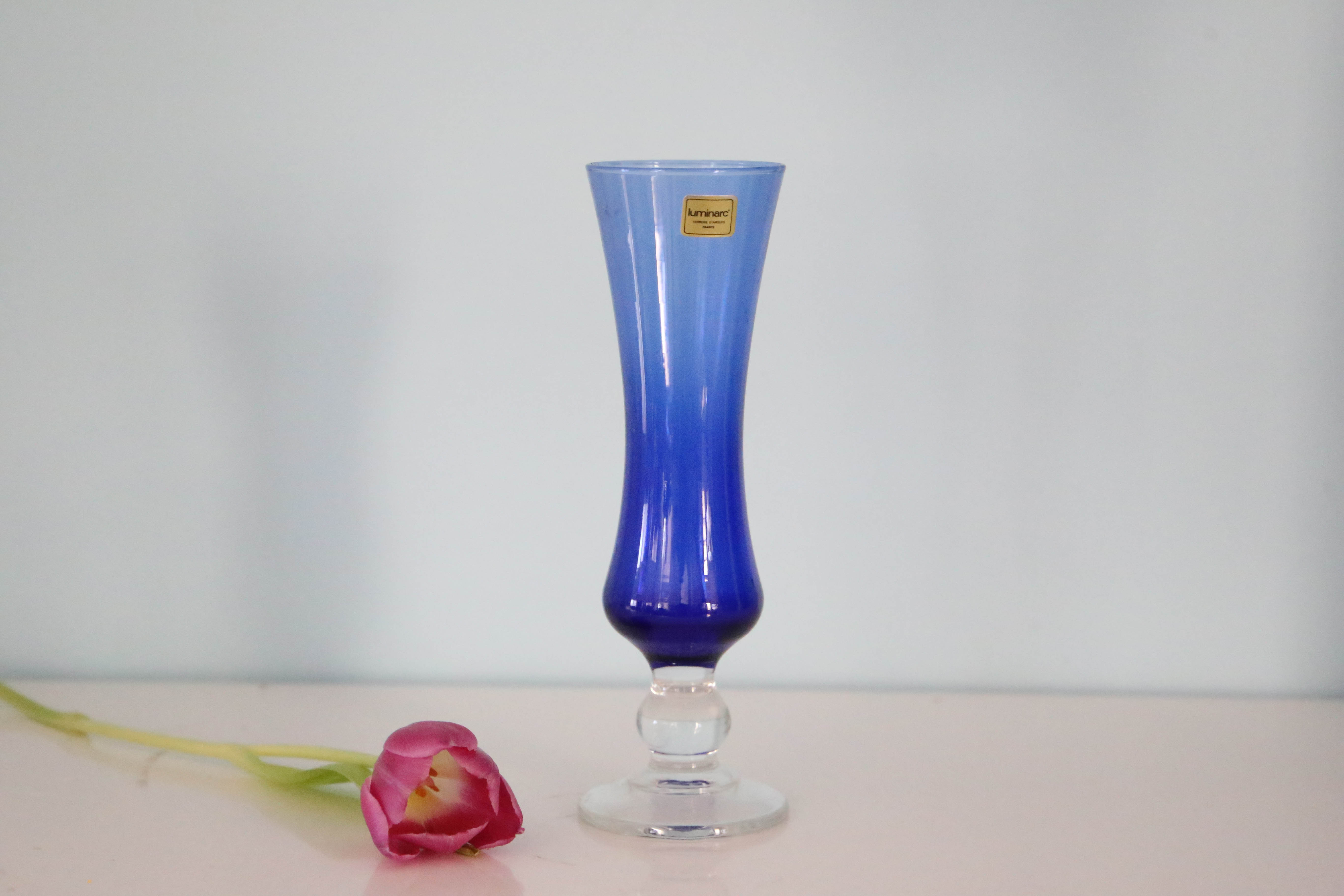 Blue vase, transparent foot, Duralex, vintage