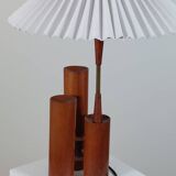 Vintage 50s wooden table lamp with pleated shade.