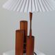 Vintage 50s wooden table lamp with pleated shade.