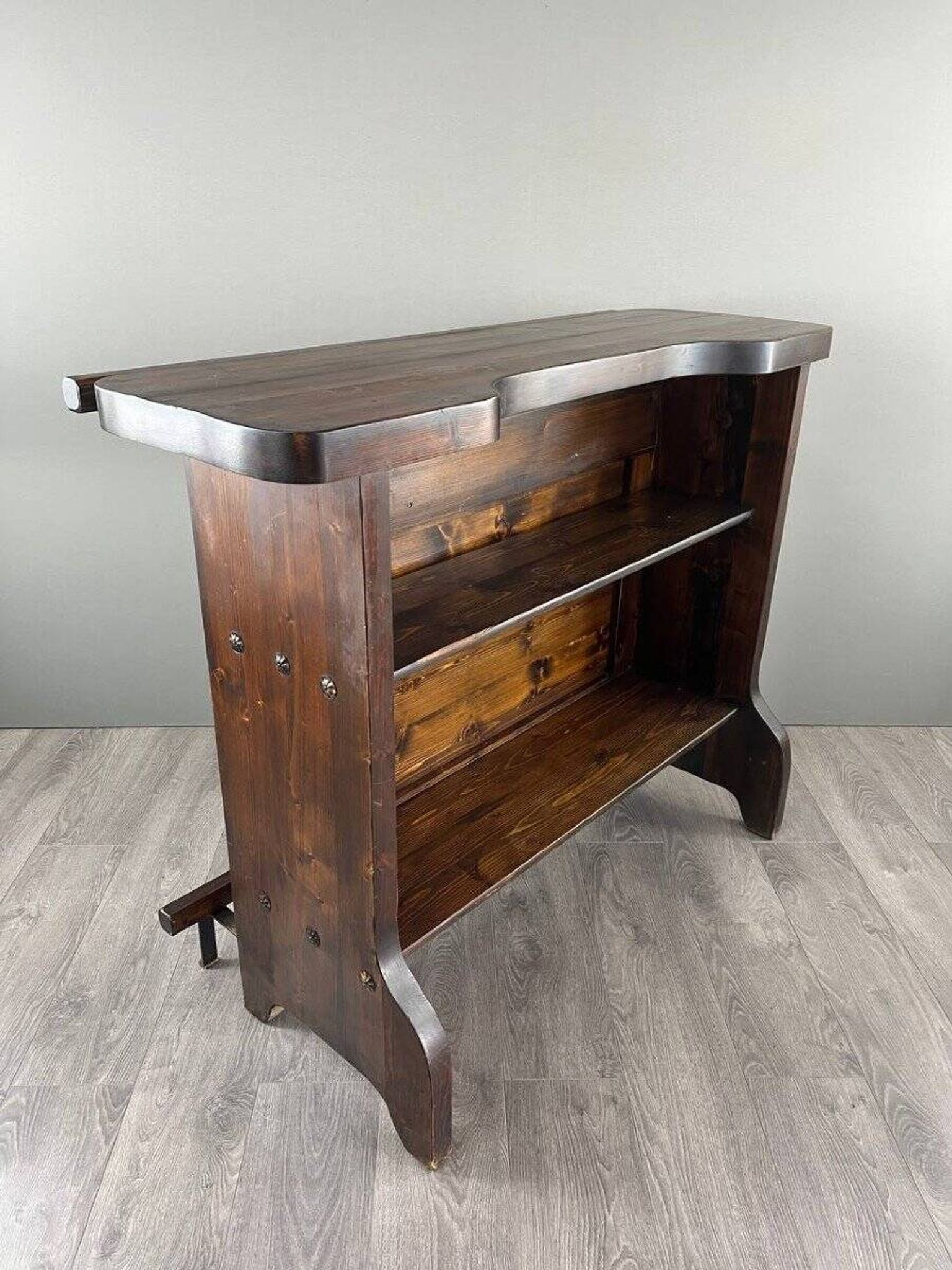 Rustic Carved Wooden Bar with Stools and Wine Chest, 20th Century