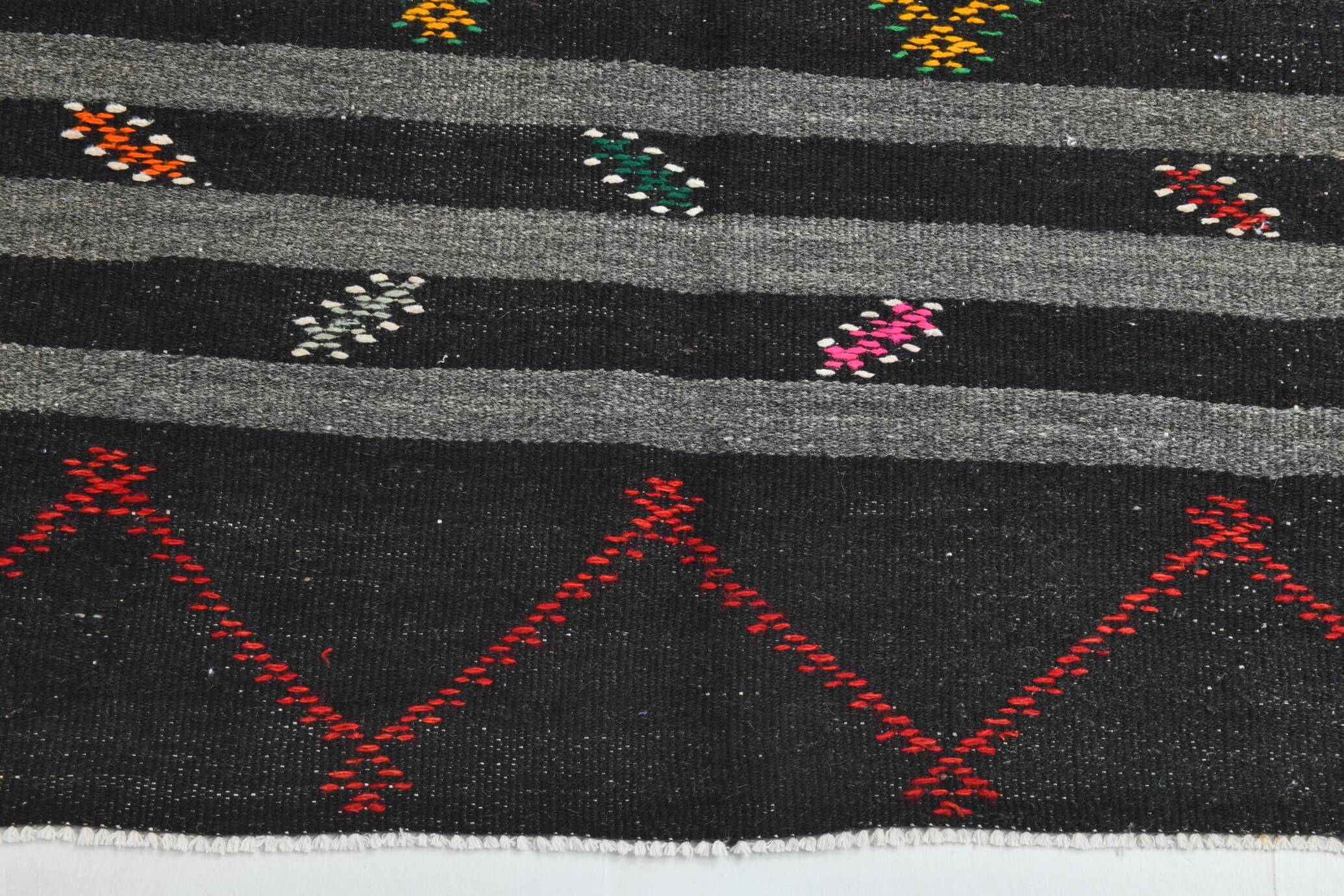 8x11 Gray & Black Striped Pattern Turkish Kilim Rug, 235x337Cm