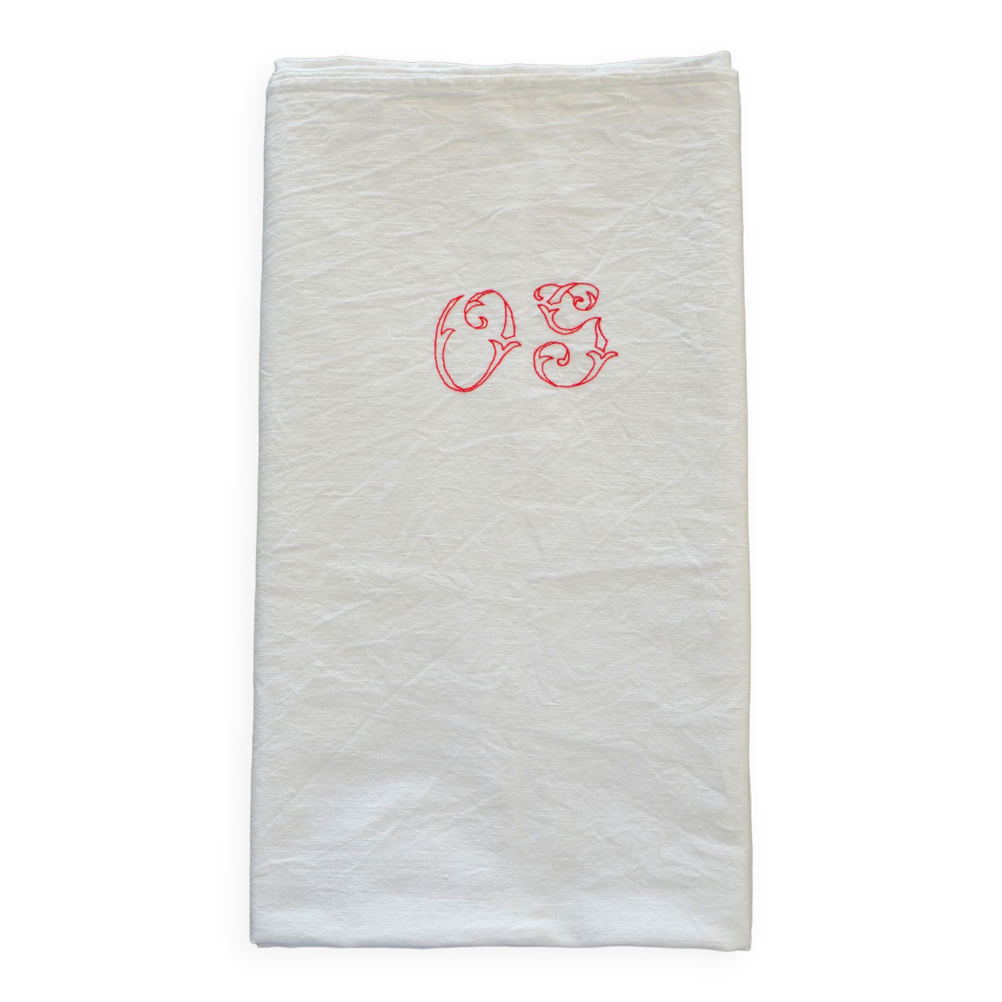 Drap ancien lettre DG DJ métis coton lin épais blanc 203 x 294 cm