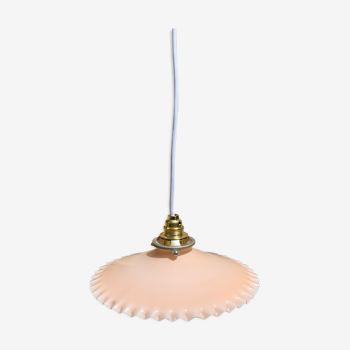 Suspension vintage abat jour en opaline rose plissée ondulée électricité led neuve