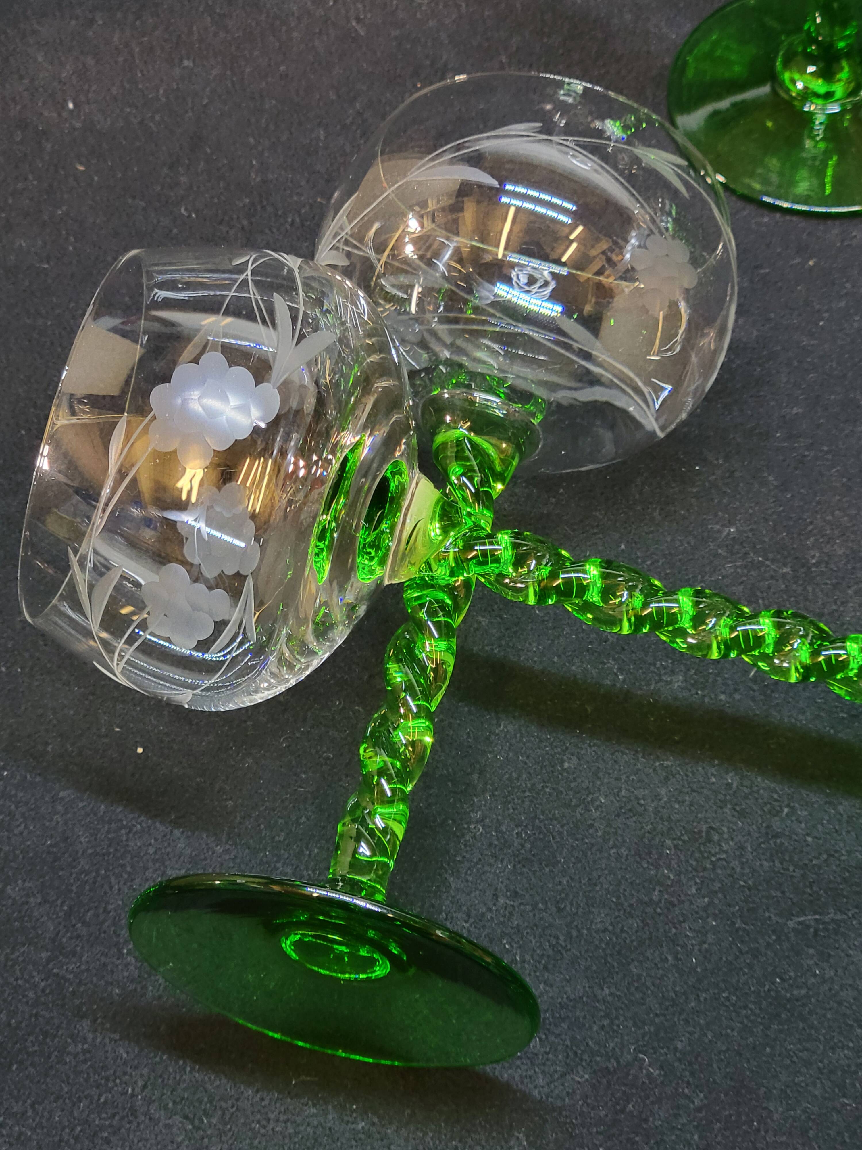 10 alsace white wine glasses in cut crystal with twisted green foot