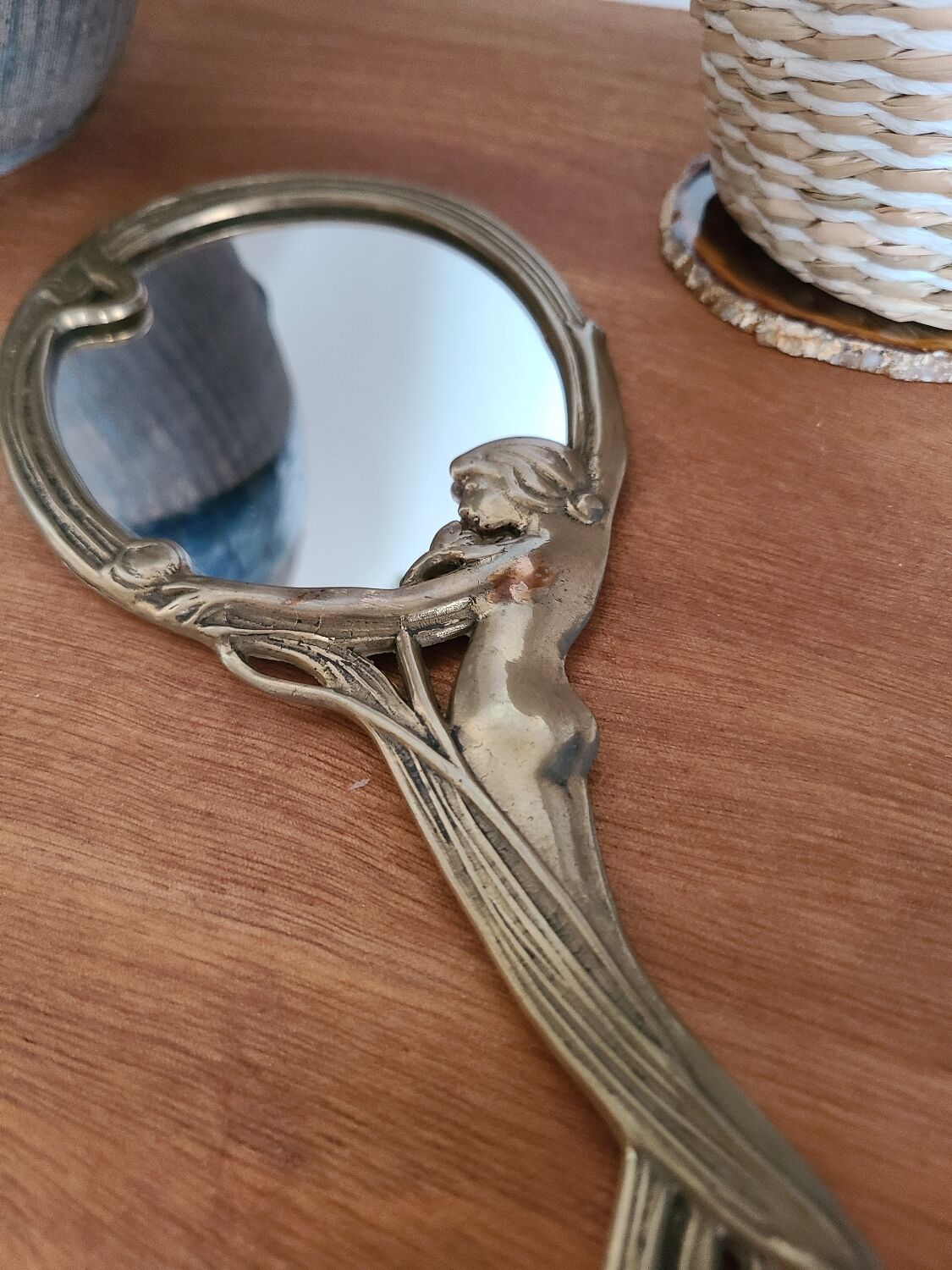Old bronze mirror by hand, art deco woman's nude