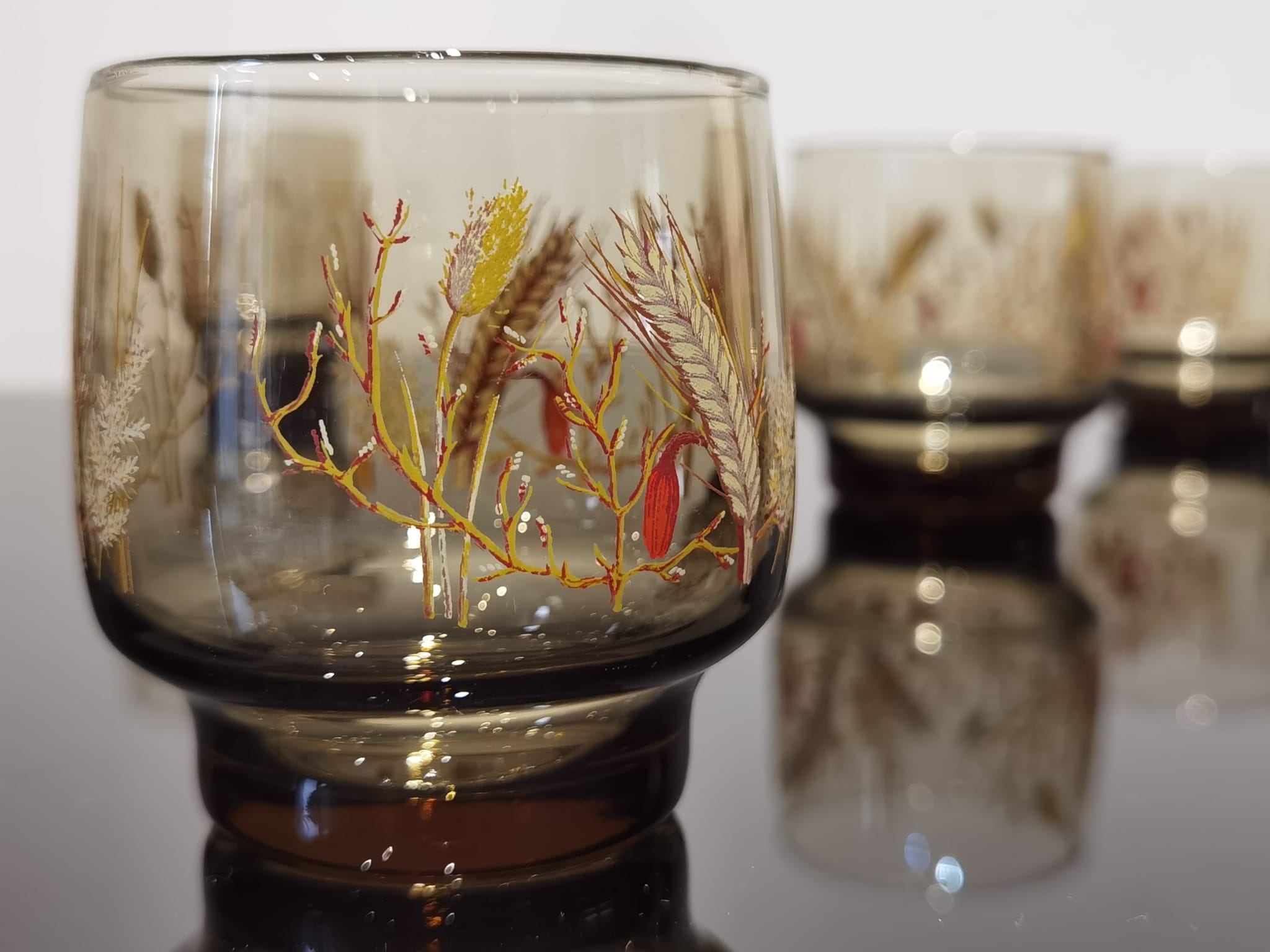 Set of 6 vintage Arcopal glasses in smoked glass country décor "ear of wheat"