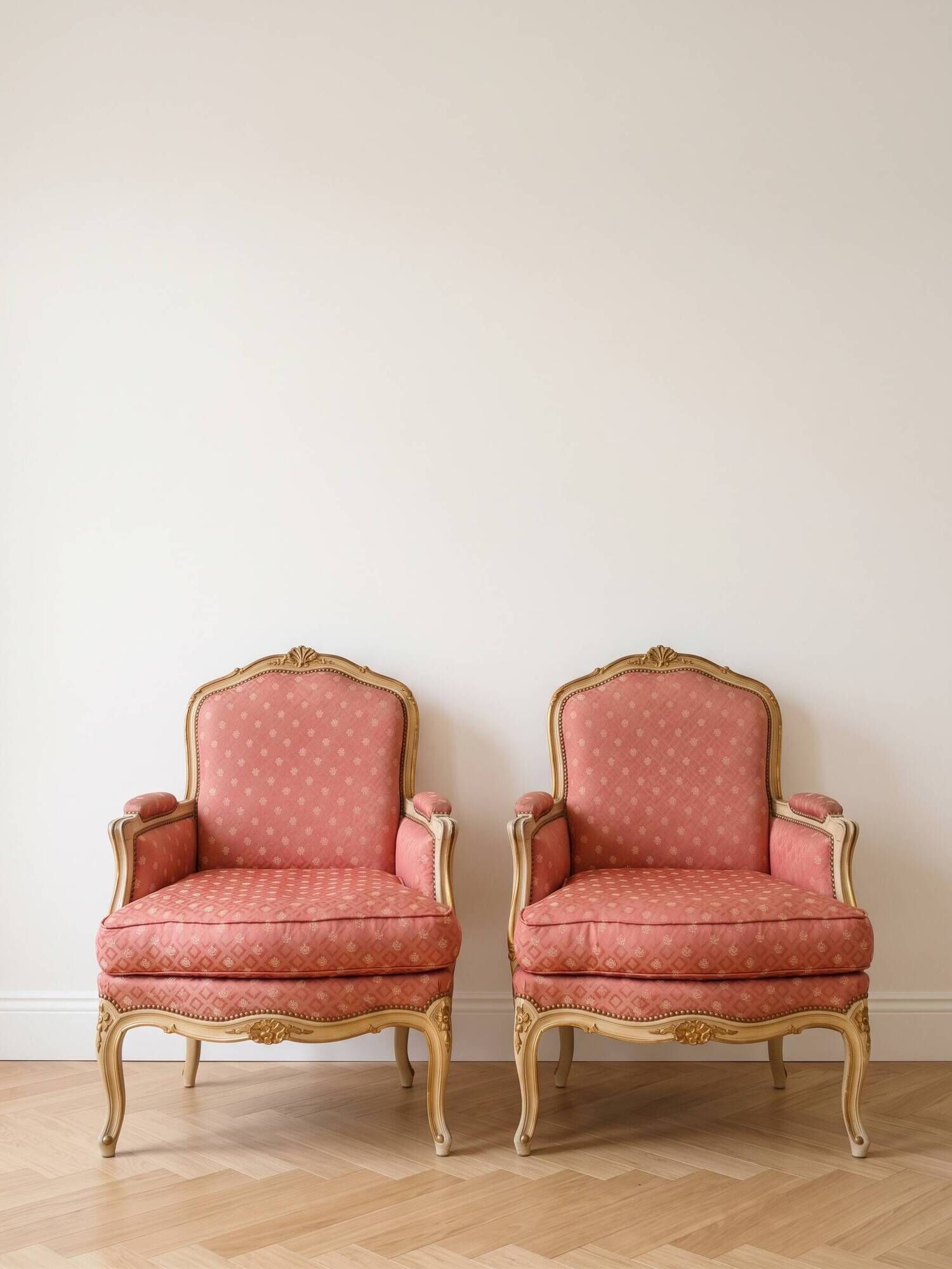 Pair of Louis XV cabriolet armchairs in wood and pink fabric.
