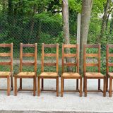 6 solid oak and straw chairs with high backs