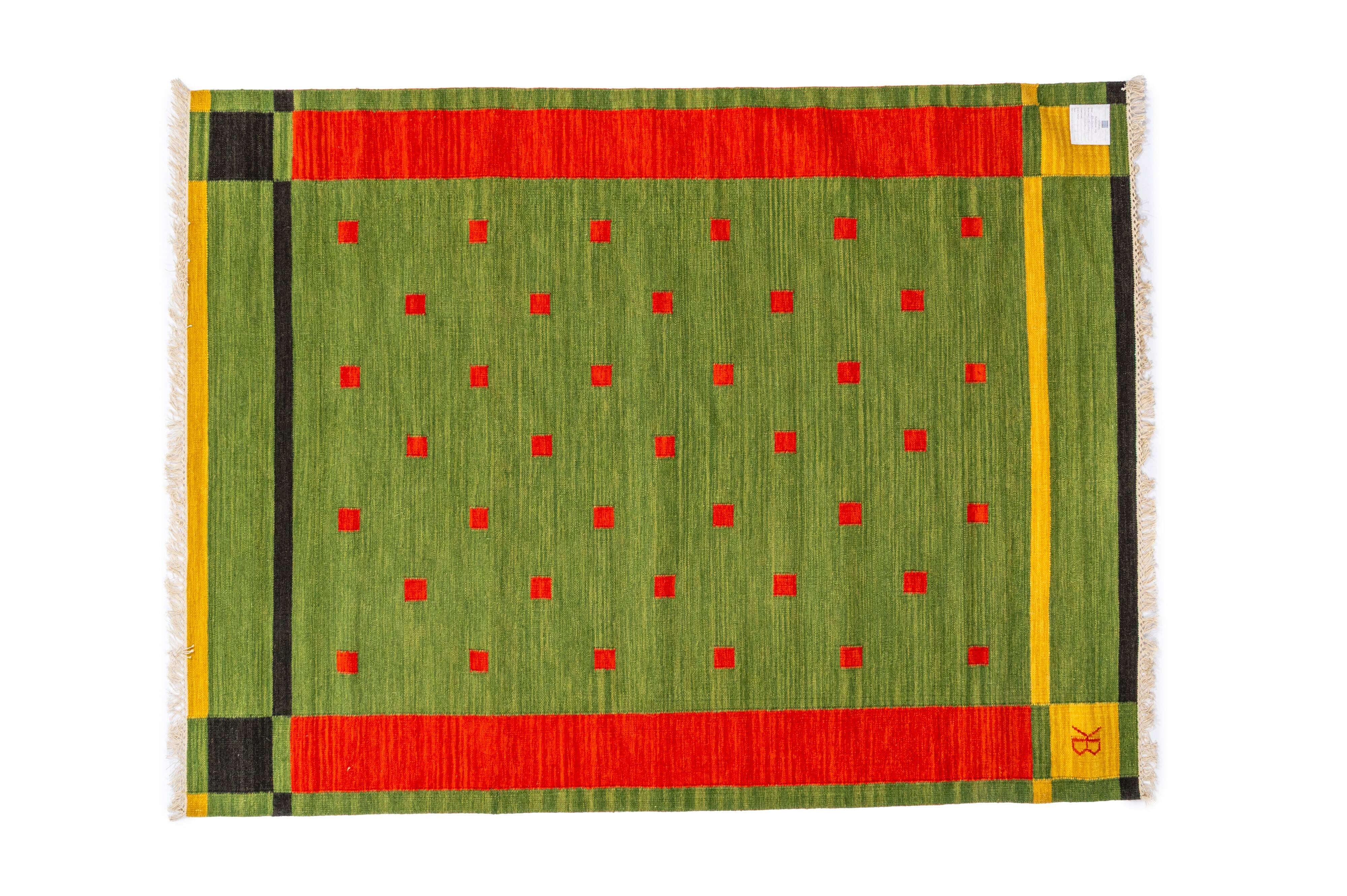 NOS Scandinavian 20th century modern flat weave rug by Karin Bernholm. 227/