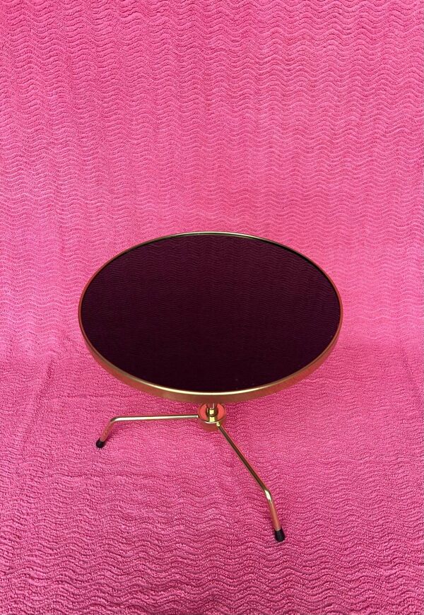 Gueridon/table d’appoint/table a cafe tripode metal dore et plateau ve