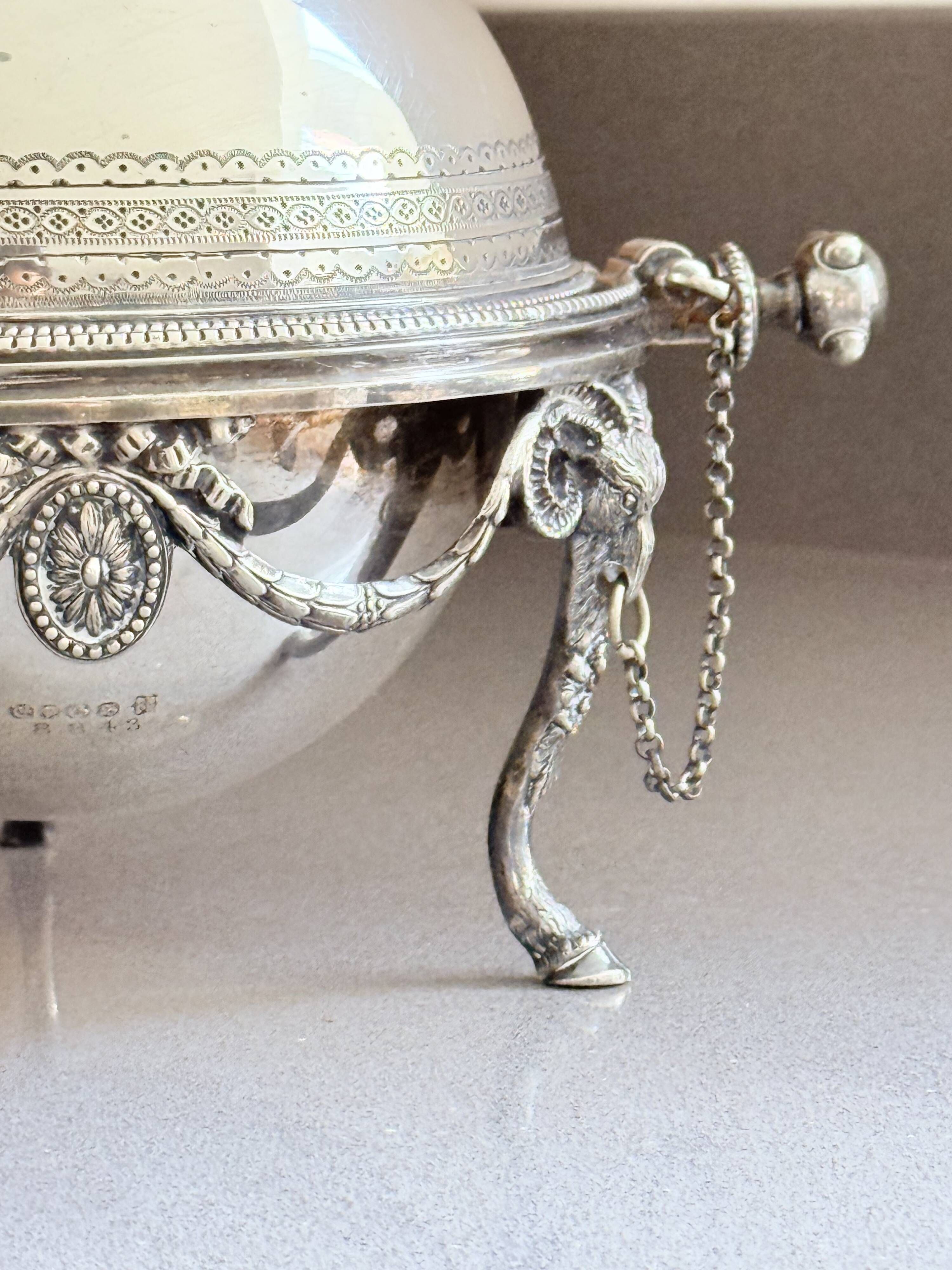 Antique English Silver-Plated Roll-Top Caviar Dish with Ram’s-Head Decoration